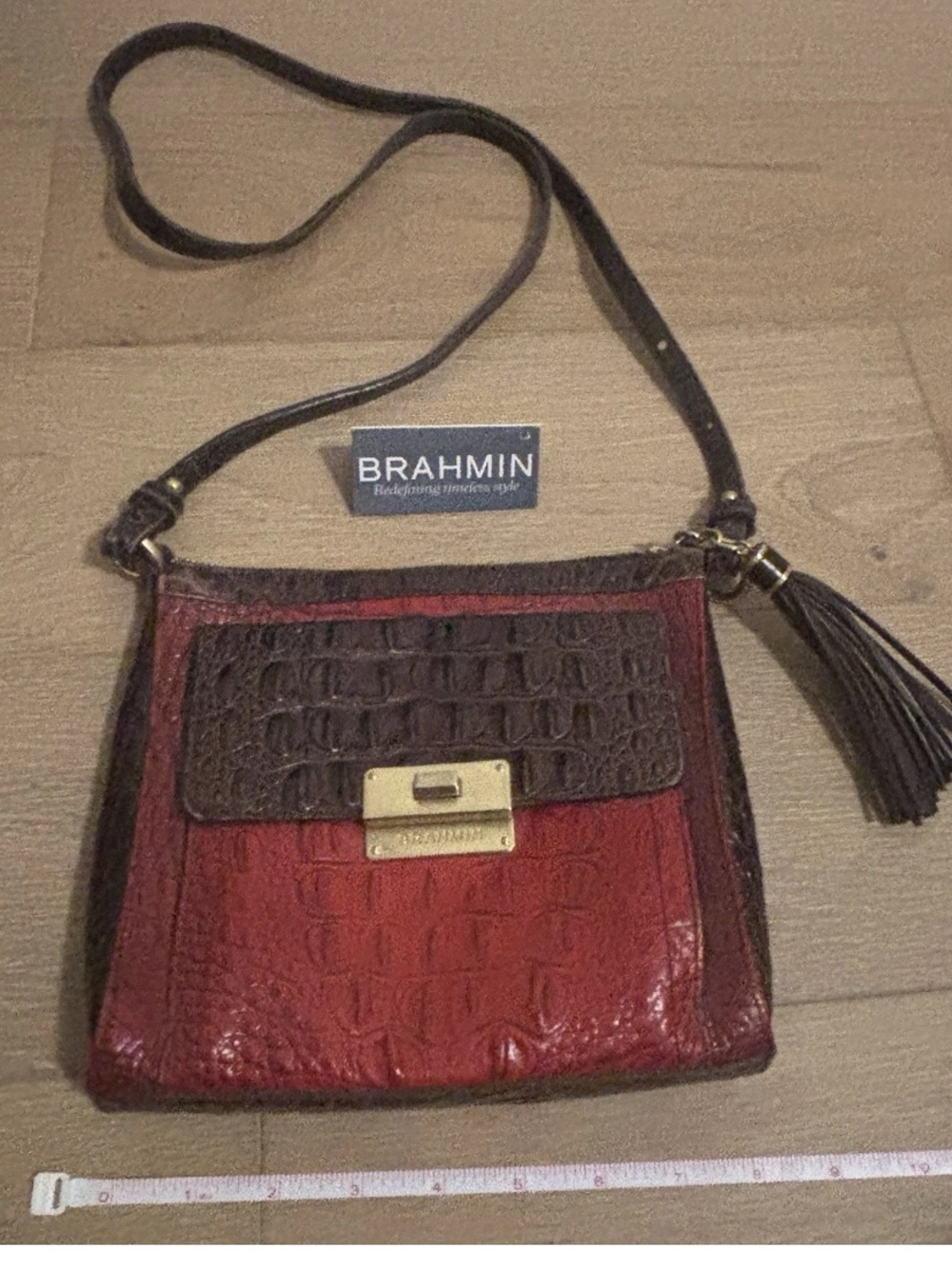 Brahmin Red Burgundy Brown Croc Embossed Leather Crossbody Bag Tassel Purse